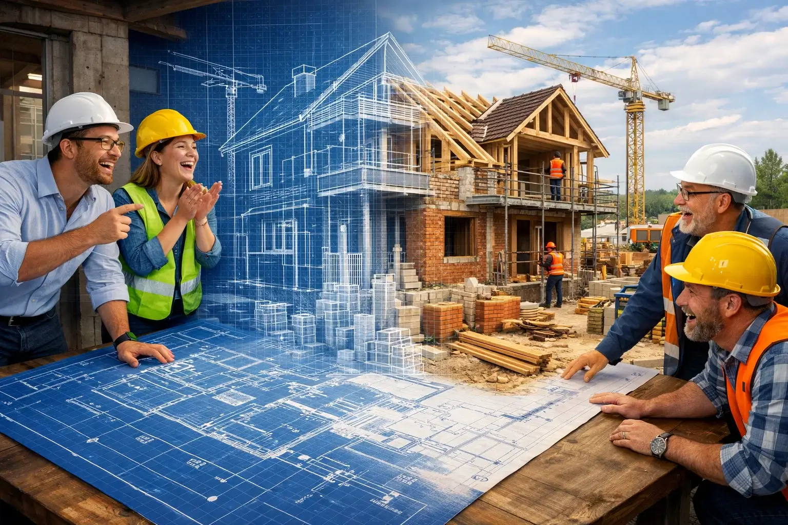 architects discussing blueprint turning into building