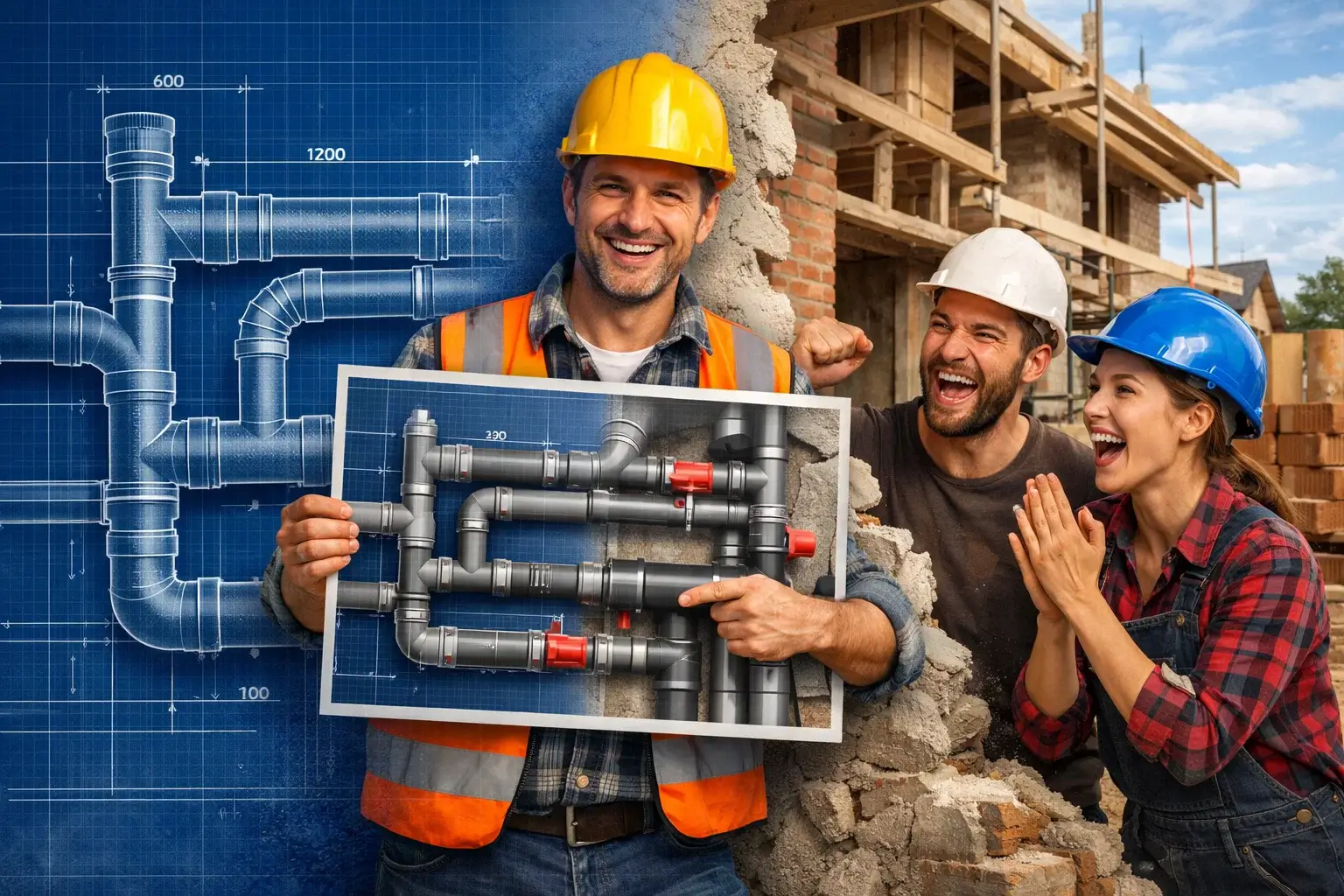 house engineering system transforming from blueprint to pipes