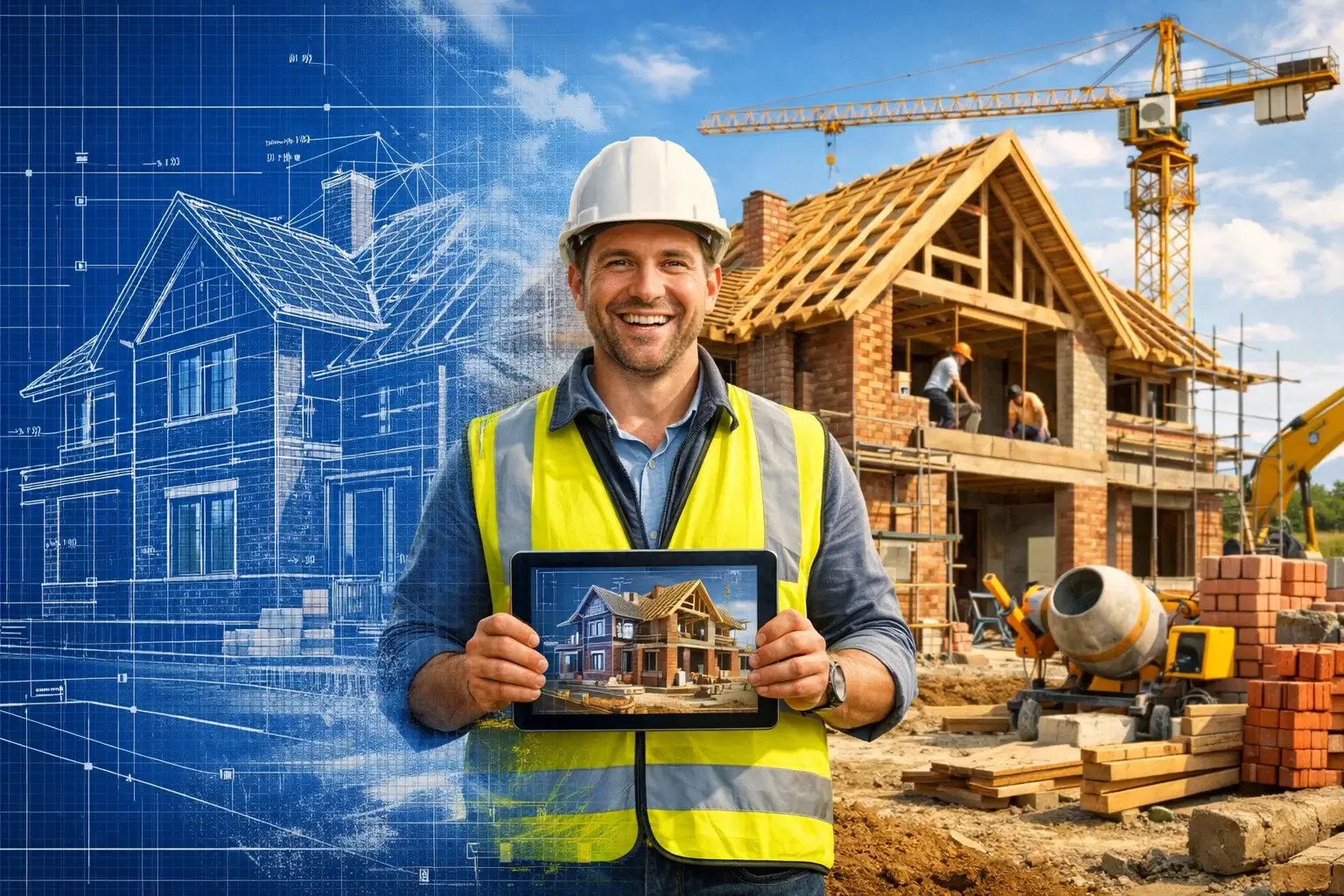 architect showing blueprint with house construction behind