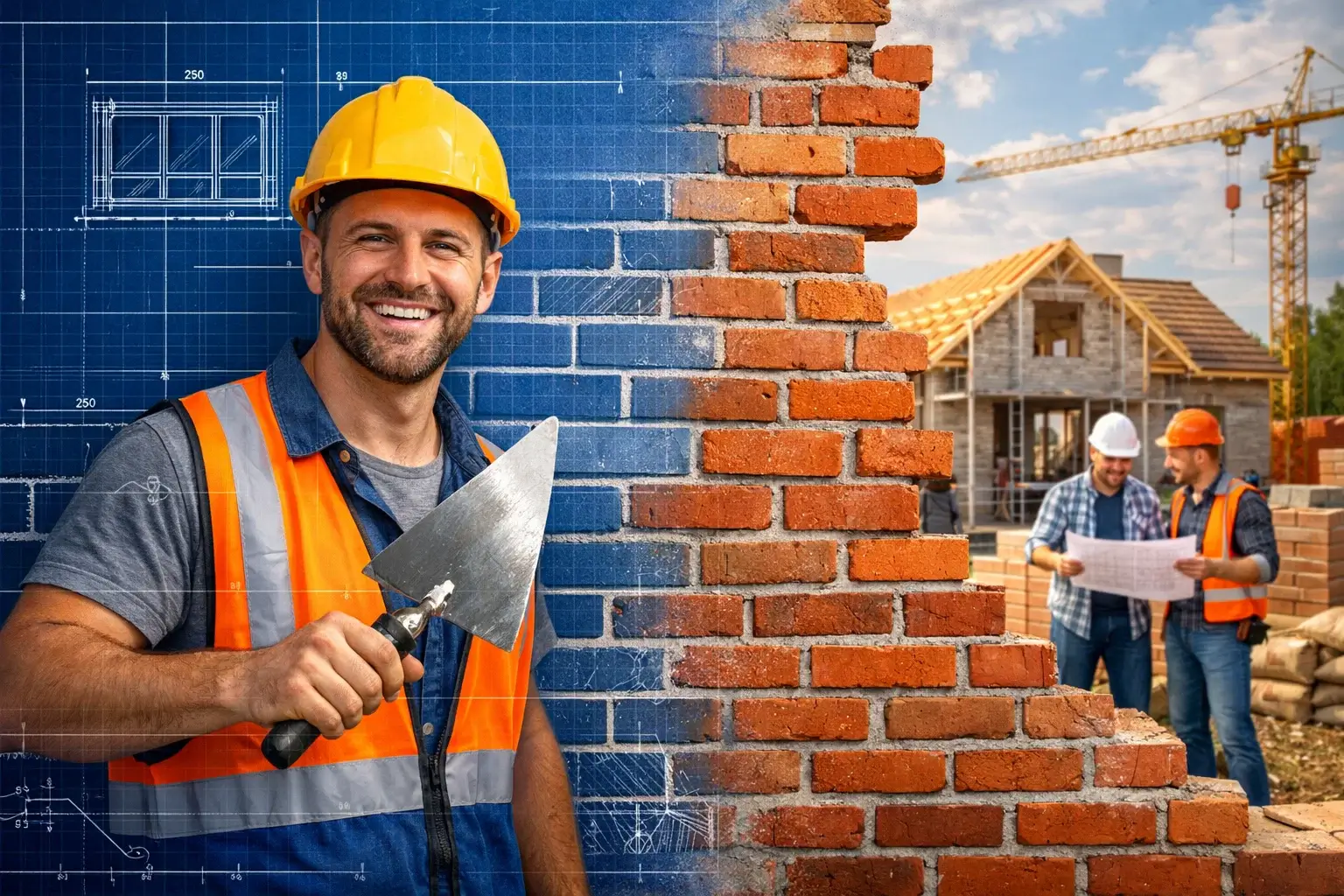 brick masonry transforming from blueprint to real wall