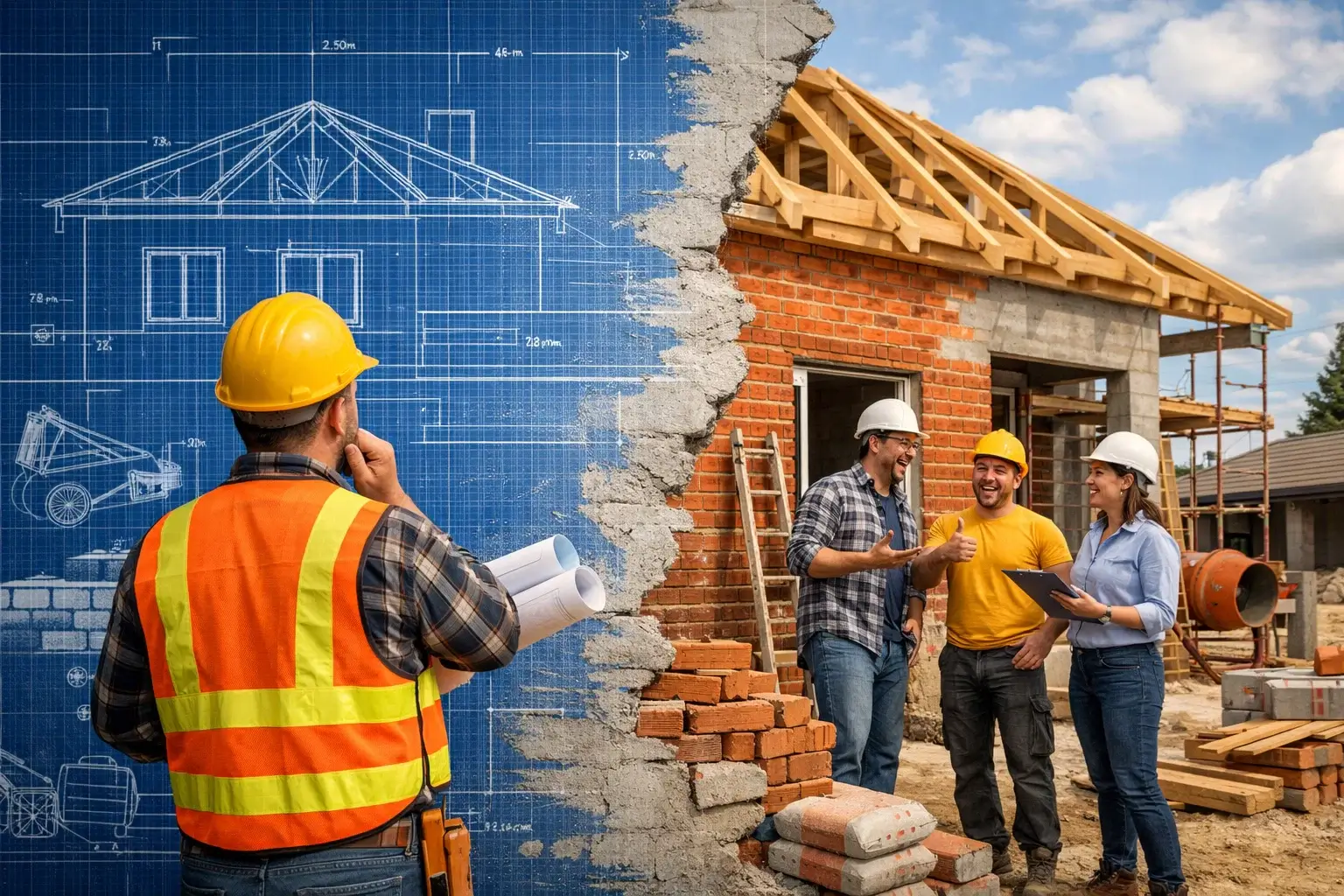 construction wall emerging from architectural blueprint