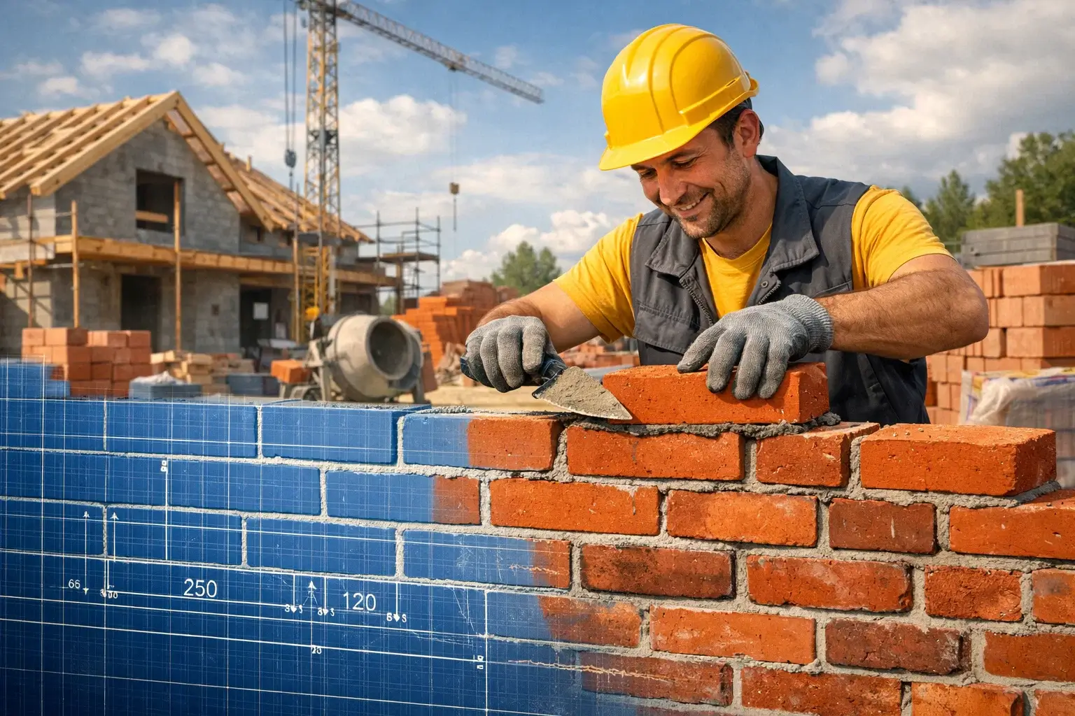 brick wall construction emerging from architectural blueprint