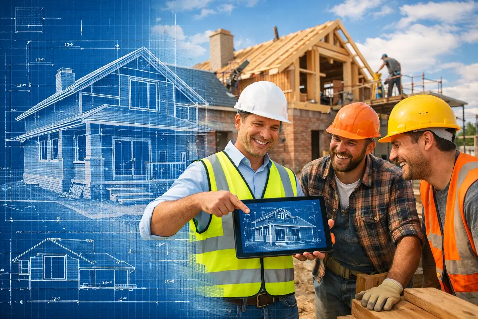 engineer showing blueprint tablet at construction site