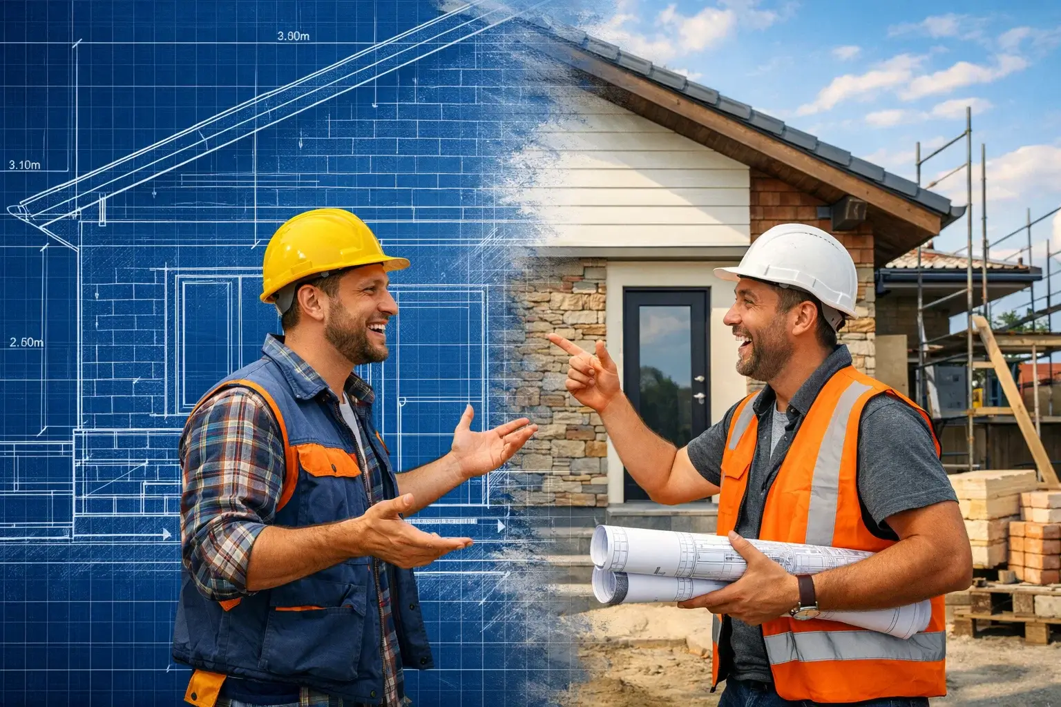 house facade transforming from blueprint to finished wall