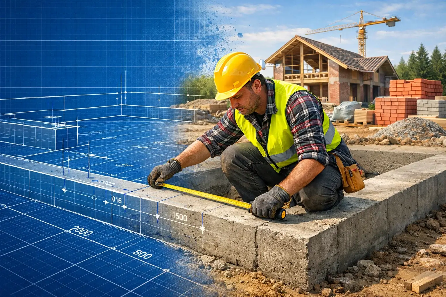 construction worker measuring foundation from blueprint design