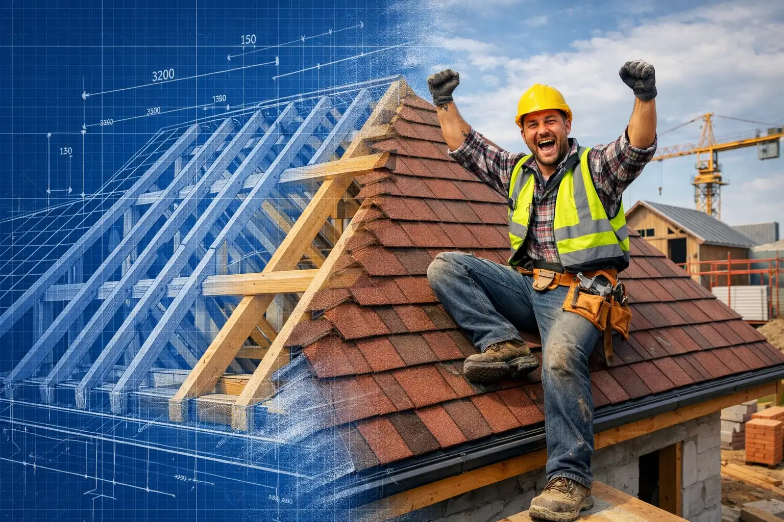 house roof transforming from blueprint to real construction