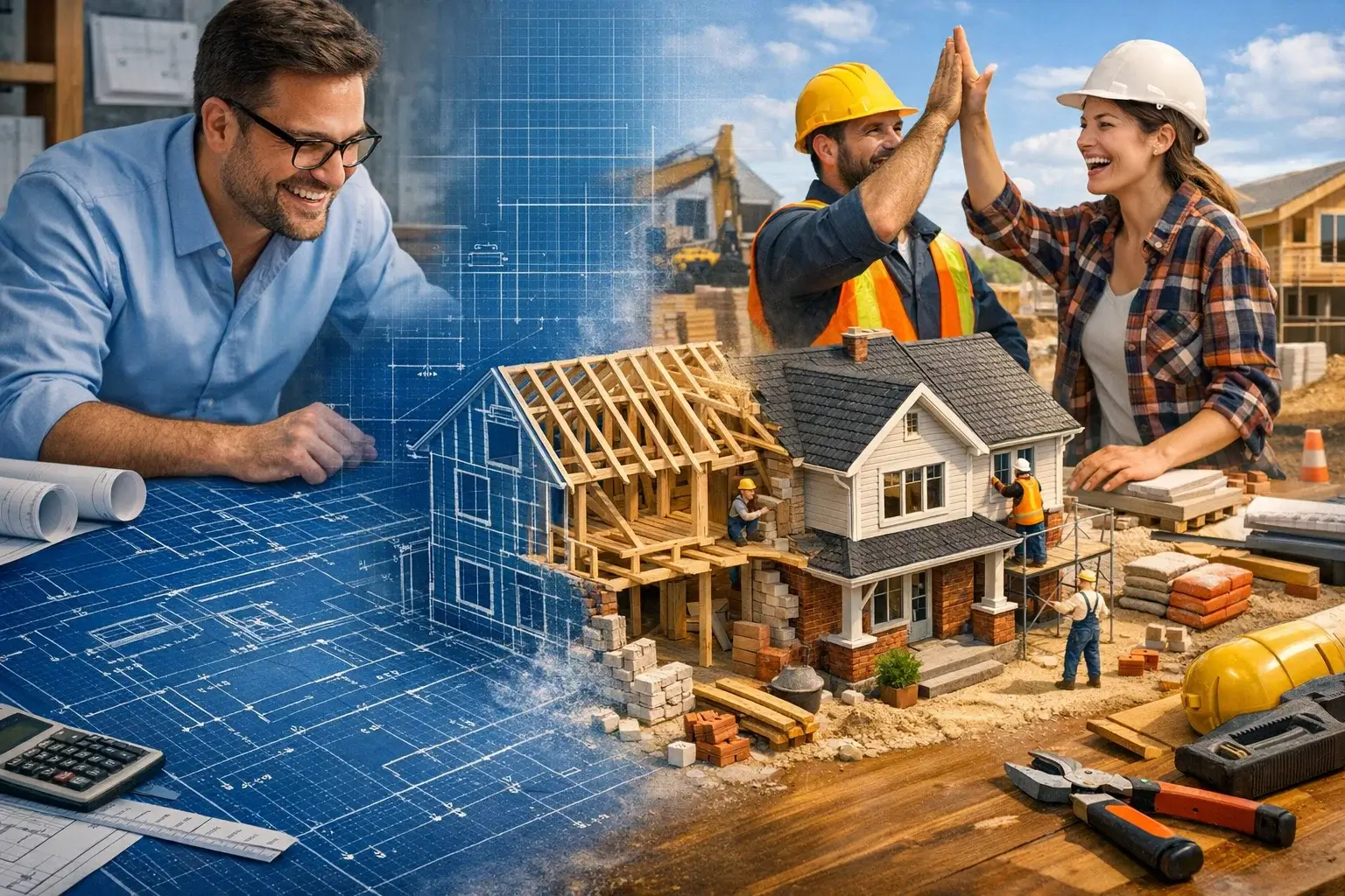 architectural blueprint turning into house model on desk