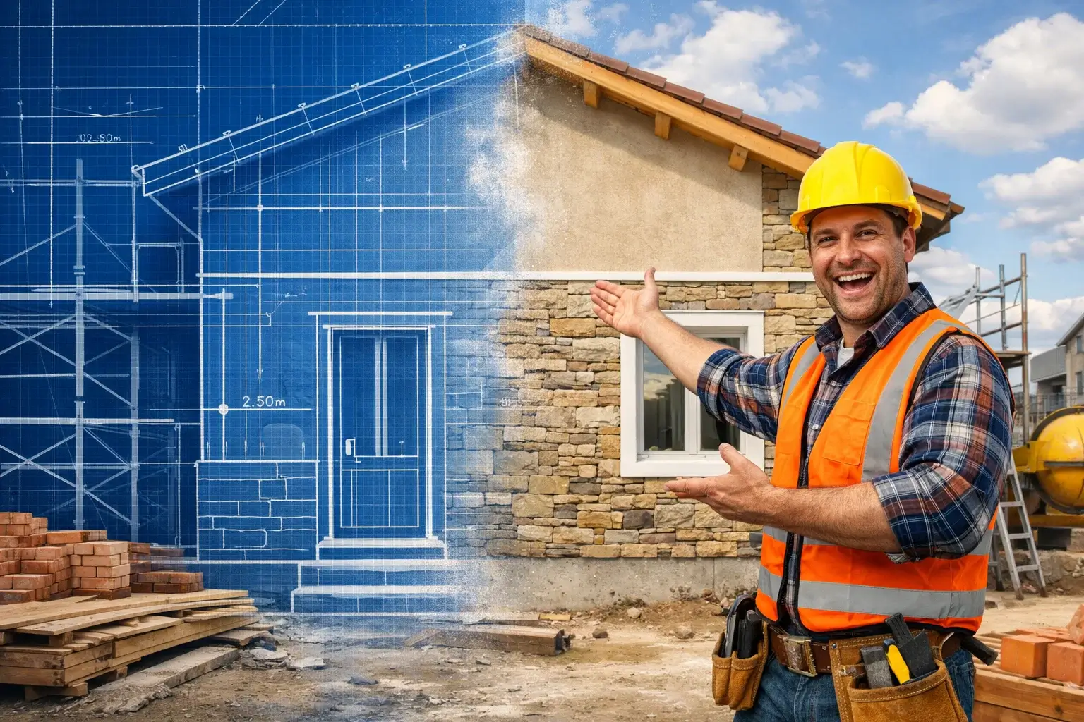 construction wall transforming from blueprint to finished facade