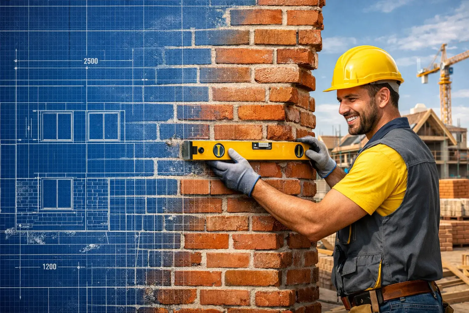 worker checking wall level from blueprint design